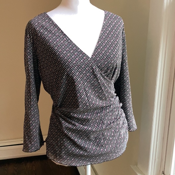 Sigrid Olsen Black white Pink Ruched Wrap Top sz Small - Picture 4 of 15